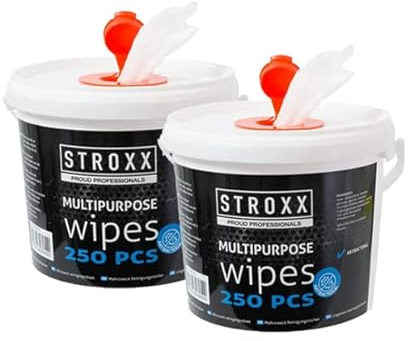 STROXX – feuchte Reinigungstücher (2 Eimer á 250 Stück) im Spender-Eimer – Wiper Bowl für Werkstatt, Gewerbe, Auto, KFZ, Motorrad & Haushalt – entfernt Öle, Fette, Kleber, Farben, Teer & Schmiere