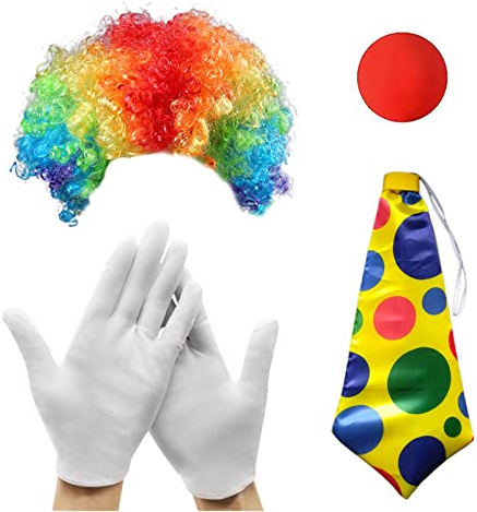MIVAIUN 4 Stück Clown Kostüm Set Clown Kostüm Accessoire Clown Verkleiden Regenbogen Clown Lockenperücke Clown Nase Handschuhe Bunte Krawatte für Halloween Cosplay Party Karneval Zirkusshow (4 Stück)