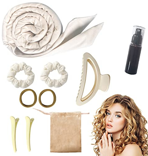Lockenwickler Locken Ohne Hitze für lange haare, Locken über Nacht No Heat Curls haarband DIY Without Heat lockenband Set für Mädchen und Frauen (Beige)