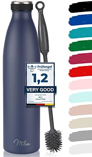 Milu Gourde en acier inoxydable 350 ml 500 ml, 750 ml, 1000 ml, 1,5 l – Bouteille isotherme, bouteille d'eau isolée, double paroi anti-fuite, convient aux acides carboniques (Bleu marine, 1500ml)