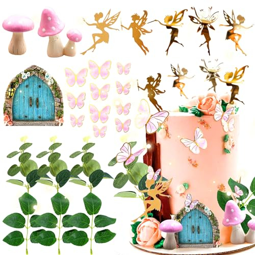 JeVenis Pink Mushroom House Cake Decoration Mushroom Cake Decorations Fairy Cake Decoration Garden Fairy Cake Decorations Fairy Party Supplies Fairy Party Favors