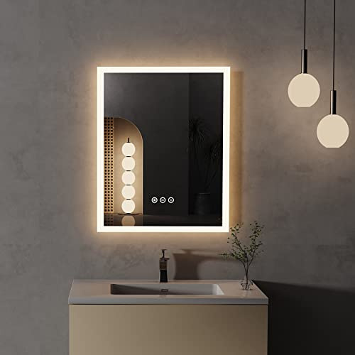 LUVODI LED Bathroom Mirror with Light, 40x50cm Dimmable 3-Colour, Anti-fog | Illuminated Wall Vanity Mirror, Backlit Brightness Adjustable, 3 Touch Buttons, Memory Function