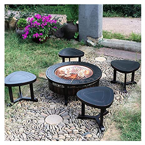 ZAANU Feuerstelle für den Außenbereich, 32-Zoll-Lagerfeuer-Hocker-Set, holzbefeuerte Feuerschale, Grill mit Netz-Funkensieb-Abdeckung, Rost-Poker