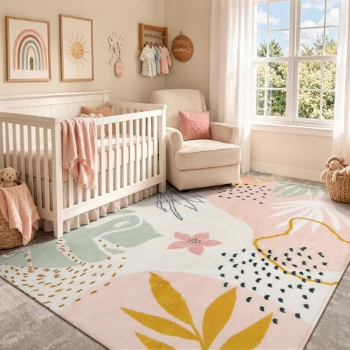 Lahome Pink Carpet for Living Room - 4x6 Area Rug for Bedroom Washable Non-Slip Boho Rug Throw Cute Soft Nursery Kids Rug, Abstract Botanical Print Indoor Rugs for Kitchen Entryway Laundry Dining Room