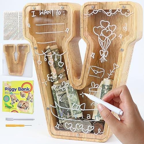 Lakpopya Spardose für Kinder Jungen Mädchen - Personalisiert Durchsichtig Mit Buchstabe Holz A-Z, Zielbereich, Aufkleber & Marker - Taufe Geschenk Dekoration (V)