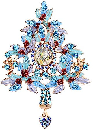 Clearine Merry Christmas Tree Brosche Weihnachten Blatt Blume Blau Strass Herz Geschenk für Damen Party Prom Gold-Tone