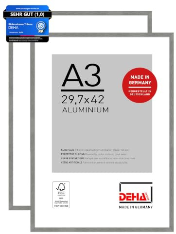 DEHA Design Aluminium Bilderrahmen Tribeca, 29,7x42 cm (A3) 2er Set, Grau | Aluminium Posterrahmen im Hoch- & Querformat zum Aufhängen Grau gebürstet bruchsicheres Kunstglas