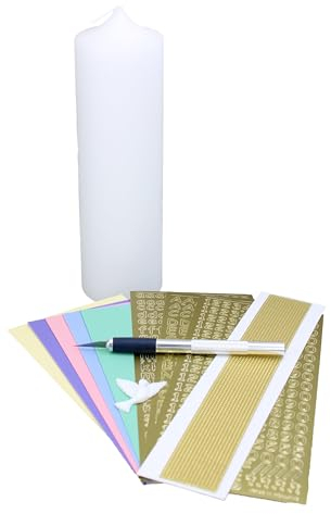 Cerziies Taufkerze-Bastelset Pastell mit Kerzen-Rohling, Buchstaben, Wachsplatten/-Streifen und Taube, Größe:ca. 25x7 cm