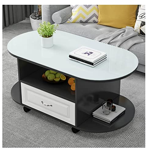 Couchtisch mit Rollen, oval, 3-stöckig, mit Ablagefach und Schublade, moderner Couchtisch mit Rollen für Wohnzimmer, modernes Design, Heimmöbel, 80 x 40 x 45 cm