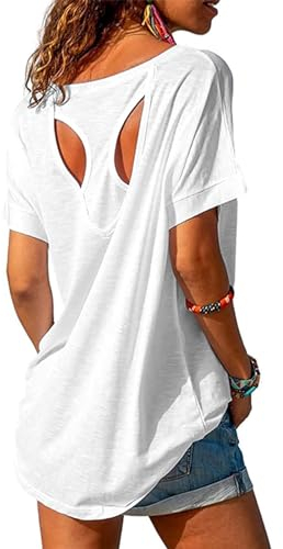 Fisoew Sportshirt Damen Fitness Kurzarm Yoga T-Shirt Leicht Gym Sport Oberteile Locker(Weiß, XL)
