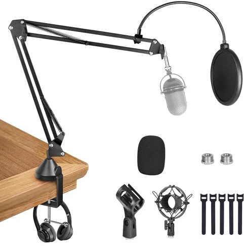 OUKMIC Galgenarm, Mikrofonarm, verstellbarer Mikrofonarm mit 2 Clips und Pop-Filter, Mikrofonständer Schreibtisch mit 3/8 Zoll auf 5/8 Zoll Adapter für Blue Yeti Nano Snowball Ice, HyperX QuadCast