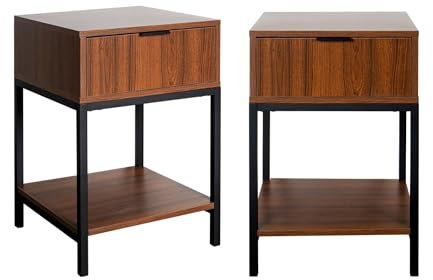 sweeek - Lot de Deux Tables de Chevet Coloris Noyer avec Pieds et poignée en métal Noir - 1 tiroir et 1 étagère