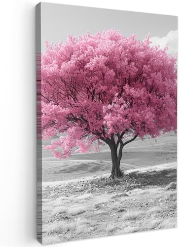 MuchoWow© Stampa Foto 60x90 cm Quadro Moderno Quadri Moderni Soggiorno Con Cornice Stampe Da Parete Camera Da Letto Matrimoniale Decorazione CanvasAlbero - Rosa - Bianco e nero - Natura - Fiori