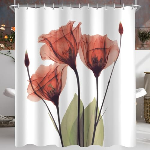 Lerores Duschvorhang 180x200cm Elegante rote Blüten, Beschwerter Saum Antischimme, Wasserabweisend, Waschbar Polyester Badevorhänge mit 12 Ösen und Duschvorhangringen für Badezimmer, Badewanne