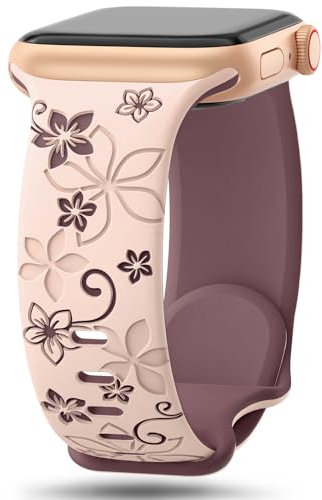 Floral Engraved Straps Compatible with Apple Watch Straps 41mm 40mm 38mm 42mm(Series 10) for Women,Cute Flower Bands Soft Silicone Sport Strap for iWatch Series 10 9 8 7 6 5 4 3 2 1 SE