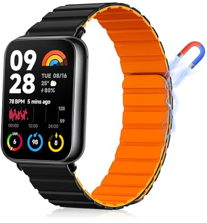 MiRowy Silikon Armband für Xiaomi Redmi Watch 5/Watch 4/Mi Band 9 Pro/8 Pro - Magnetische Ersatzbänder in Schwarz Orange