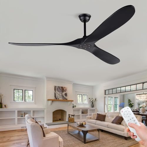 BOJUE Ventiladores de Techo Grandes de 177 cm sin Luz, Ventilador de Techo Negro sin Luz con Control Remoto, 3 Aspas de Madera Maciza, para Patios, Sala de Estar, Granja