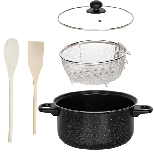 Almineez 5pc Black Marble Non Stick Chip Pan Set Fryer Deep Fat Frying Basket Pot W Glass Lid 2l - 24cm Suitable for Gas, Electric and Solid Hotplates