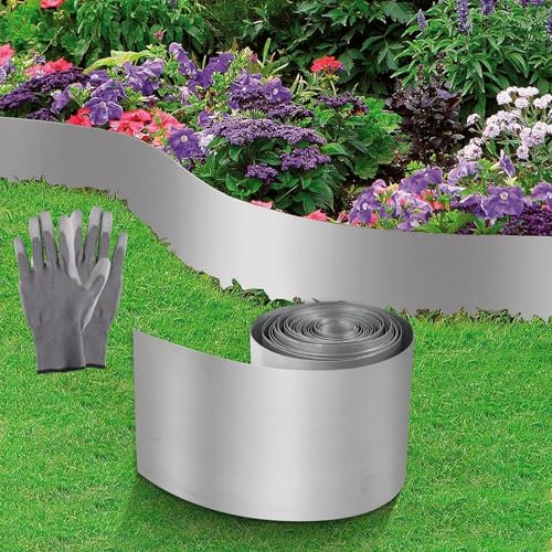 Bordure de pelouse de Jardin en Acier corten galvanisé - 1000 x 20 cm - Bords de pelouse faciles à Utiliser - avec Une Paire de Gants - pour décorer Votre Jardin