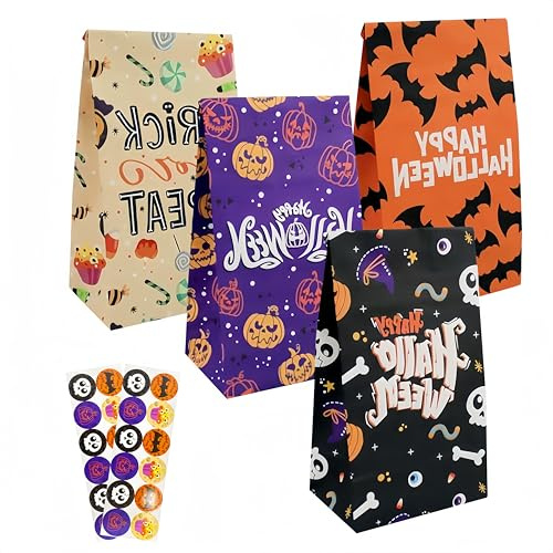 24 Stück Halloween Tüten für Süßigkeiten,24x13x8cm Partytüten Papiertüten Klein mit 24 Stickern,Kürbis, Fledermaus,6 Farben Halloween Geschenktüten Candy Tüten für Kinder Party Trick or Treat Taschen