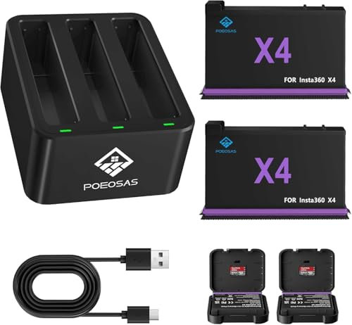 POEOSAS 360 X4 Akku für insta360 x4, 2-Pack 2500mAh und 3-Kanal Typ-C Schnellladegerät Gehäuse Kompatibel mit Insta360 X4 Action Kamera Akkus und Ladegerät mit Zwei Akku-Boxen