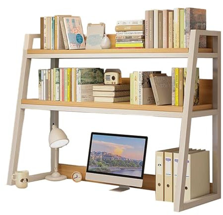 QXGJTLI Vintage Metal and Wood Ladder Desk Hutch, Freestanding Desktop Bookshelf Organizer, Multipurpose Table Top Storage Display Rack, 2-Tier Desktop Shelf for Dorm Office Home