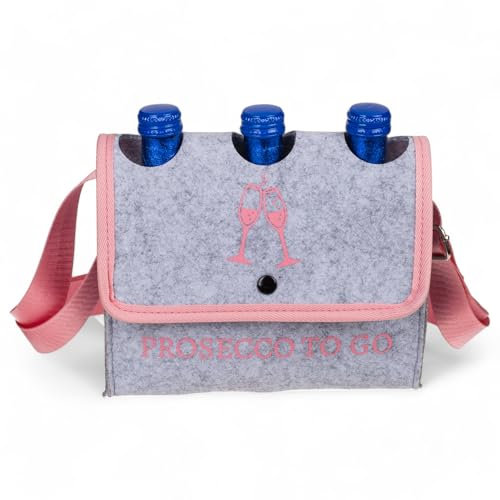 MIJOMA Prosecco-to-Go Umhängetasche aus Filz für 3 Piccolo-Flaschen – Grau mit verstellbarem Tragegurt – Perfekt für unterwegs (Prosecco to Go)