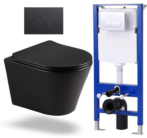 HOROW Vorwandelement WC Set Toiletten Komplettset, Wand WC SET WC sitz mit Absenkautomatik+Unterputz Spülkasten+Drückerplatte Rund Schwarz