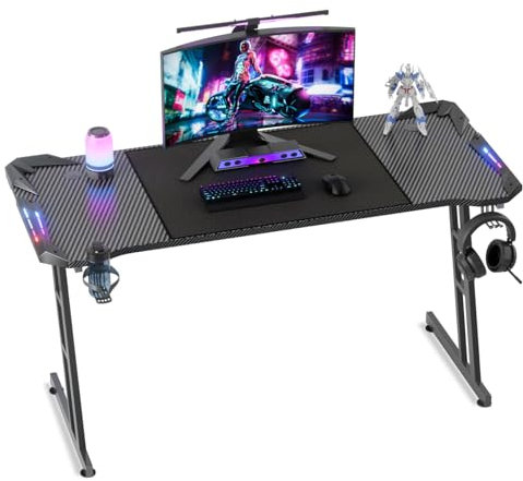 Soontrans Bureau Gaming, Éclairez Vos victoires, Bureau Gaming LED avec Porte-Boisson & Crochet pour Casque, Acier & Fibre de Carbone, Table Gaming pour Xbox Playstation Liverstreaming (140 x 60 cm)
