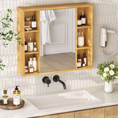 VIAGDO Spiegelschrank für Bad Badschrank mit Spiegel Spiegelschrank Bad Hängeschrank Wandschrank mit Türen Badezimmerschrank mit Verstellbarer Ablage Platzsparender Medizinschrank Bambus 70x61.5x16 cm