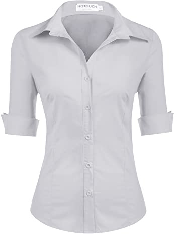 HOTOUCH Womens Shirts Short Sleeve Cotton Blouse Ladies 3/4 Sleeve Office Shirt Button Down V Neck Blouses Slim Fit Tops Grey XL