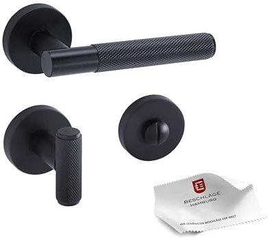 Beschläge Hamburg | Türgriff Türbeschlag MUNICH-X 07 SM WC | Bad Türklinke mit Gitternetzstruktur für Toiletten Innentüren | Karomuster Drückergarnitur | ø51x10mm | Türdrücker in schwarz matt