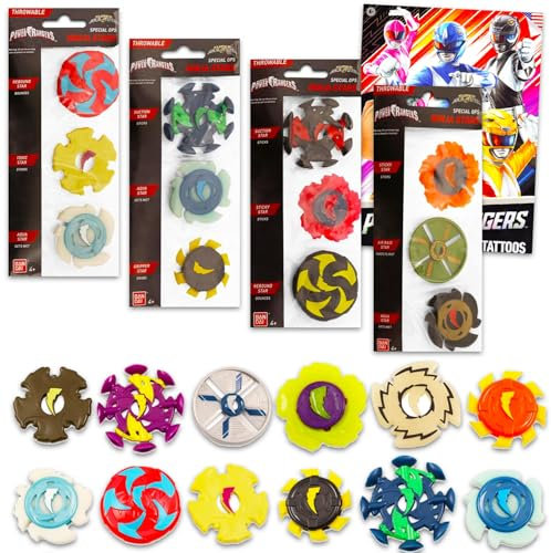 Power Rangers Ninja-Stahl-Geburtstagsparty-Gastgeschenke – Bündel mit 12 Spielzeug-Ninja-Sterne mit Power Rangers Tattoos | Partyzubehör für Geschenktüten