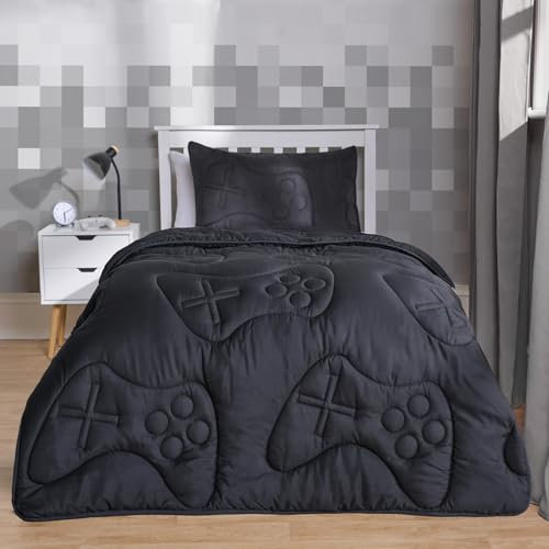 OHS Coverless Double Duvet 7.5 Tog, Soft Warm Microfibre Gaming Quilted Design Lightweight Comfortable Summer Duvet Use Washable Double Duvets & 2 Pillowcases, Black