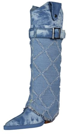 Feinlina Botas femininas modernas, versáteis, jeans e bico fino, salto grosso, acima do joelho, azul, 6