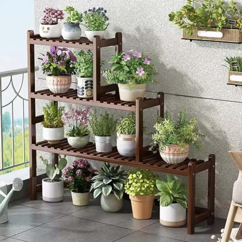 Soporte de madera de 3 niveles para plantas de interior/exterior, estante para plantas de esquina para flores, escalera para patio y jardín, marrón, 90 x 20 x 80 cm