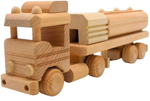 Nachhaltiger LKW als Modellauto, Dekoauto als Tanklaster, LKW mit Hänger, Tanklaster, Sattelauflieger aus Holz, L/B/H 29 x 6 x 12 cm.