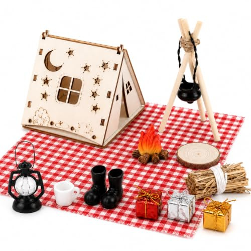Snyvpra Wichtel Zubehör Weihnachten 14-teilig – Wichtel Set mit Zelt, Lagerfeuer, Laterne & Mini Deko – Kreativer Weihnachtsschmuck für Wichtel Weihnachten & Puppenhaus