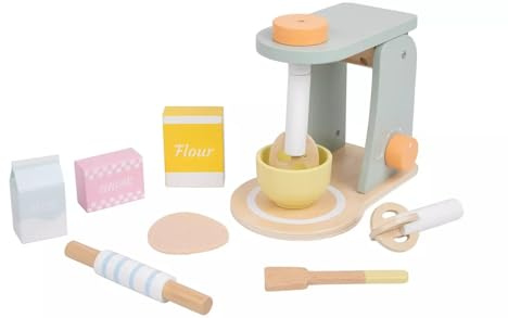 Wooden Pretend Play Kitchen Mixer Set, Children's Baking Toy with Bowl, Rolling Pin, Pastel Colours