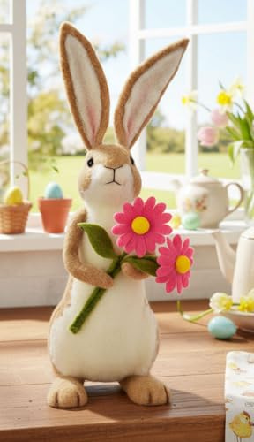 LB H&F Osterhase Figur 33cm groß zum Hinstellen, mit Blume, Handarbeit mit vielen Details, Ostern Osterdeko aus Filz, Deko Hasen (4)