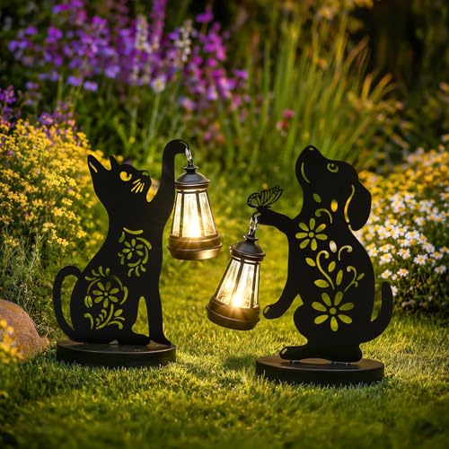 GIGALUMI Eiserne Katzen Hunde Statuen, Gartendeko für Draußen Wetterfest | Geschenke für Mama, Frauen, IP65 Wasserdicht Gartenstatue, Solarlampen für außen für Terrasse, Hof, Garten (2 Stück）