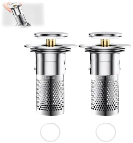 Gansdnek 2 Pack Stainless Steel Drain Plug Sink, Stainless Steel Basin Drain Filter, for 34-40 mm Drain, Pop Up Drain Strainer with Hair Catcher for Kitchen, Bathroom, Wash Basin, Bathtubs