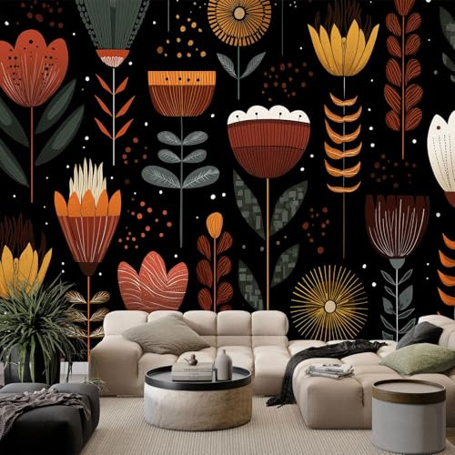 Fototapete 3D Effekt Handgezeichnete Blumen Quasten 450 x 315 cm Vlies Wanddeko, Skandinavisch Wandbild Tapete 3D Panorama Poster Schlafzimmer Wohnzimmer Kinderzimmer Wandbild