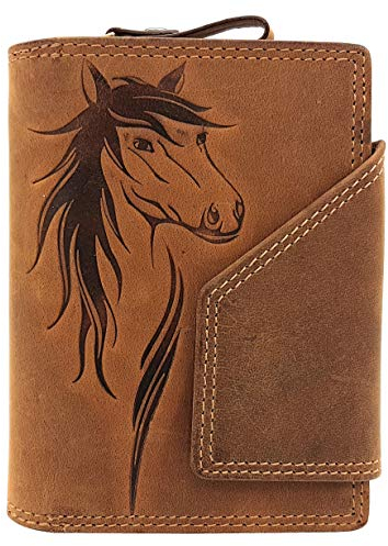 Jockey Club echt Leder Damen Geldbörse mit Außenriegel Pferd naturbelassenes Büffelleder Cognac braun mit RFID Schutz