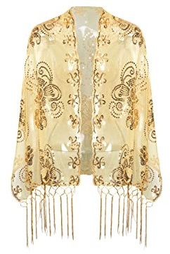 BABEYOND Pailletten-Schal für Damen, 1920er-Stil, Fransen, Abendumhang, Hochzeit, Braut-Schal, Schal für Abendkleider, Party, Z-Gold, One Size