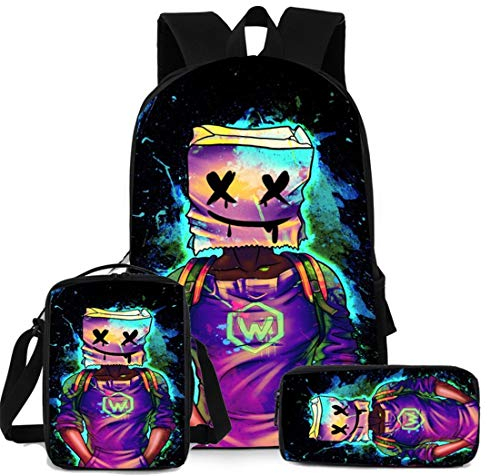 Sac à dos d'école 3 pièces pour enfants Trousse à crayons Sac à bandoulière pour jeunes DJ Musique Sac tendance Sac pratique pour livres Convient pour les adolescents et les étudiants