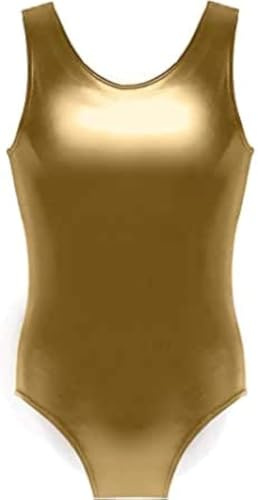 R&N FASHIONS Justaucorps sans manches pour fille - Pour l'école, le sport, la danse, la gymnastique, le ballet - Effet mouillé métallique brillant - Costume de fête disco ou de danse, doré, 7-8 ans