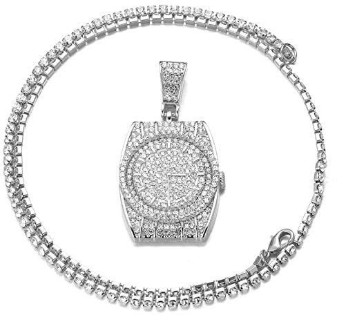 Halukakah Goldkette für Männer Iced Out,Platin Weißgold 3D Uhr Anhänger Halskette Volle Cz Labordiamanten Zinken-Set mit Baby Tennis Kette 50cm KOSTENLOSE Geschenkbox