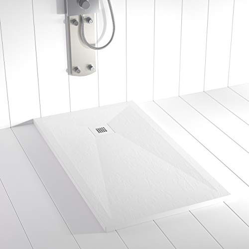 Receveur de douche en résine PLES Blanc avec grille couleur 160x90 – Texture ardoise – Antidérapant – Grille et siphon inclus