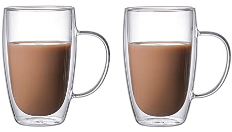 FGYZYP Lot de 2 tasses à café en verre transparent à double paroi isolée avec grande poignée, 450 ml, excellent cadeau pour café chaud, expresso, cappuccino ou sachet de thé